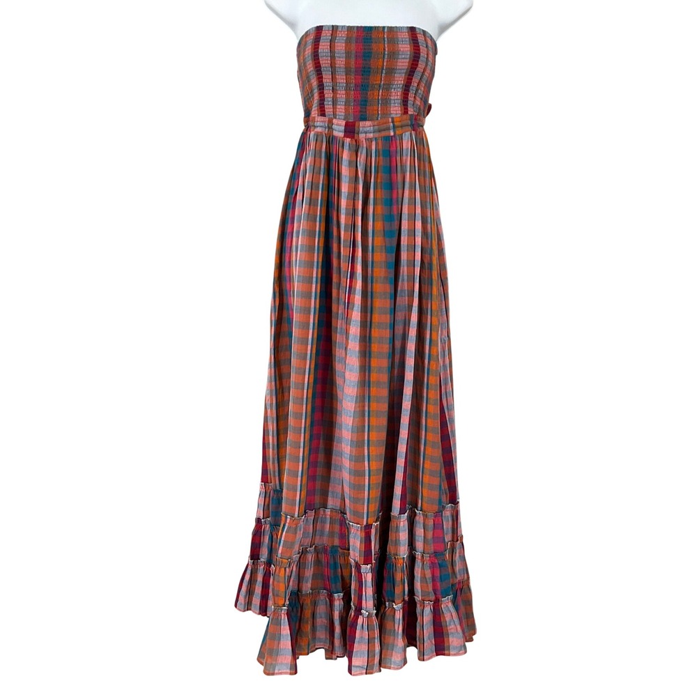 Free People Maxi Dress Womens S Extratropical Plaid Boho Strapless Tiered